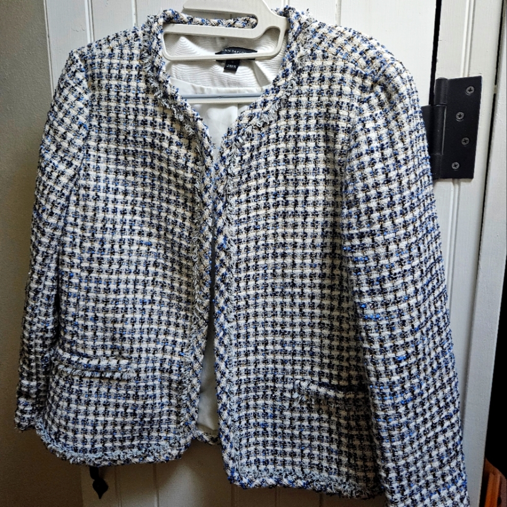 Statement Ann Taylor Tweed Blazer Size 10  Blue White Mustard Silver Black